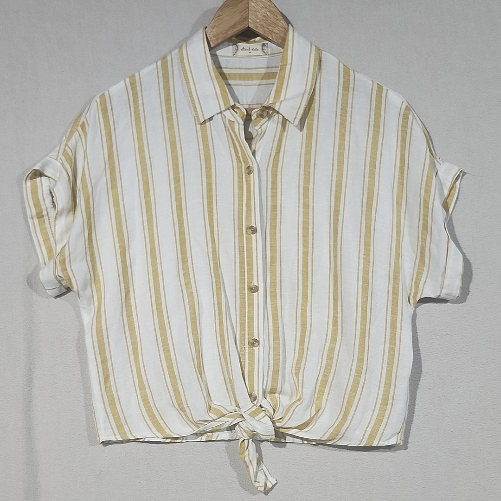 Altar'd State Linen Blend White and Yellow Crop Button Down Shirt Women's M
